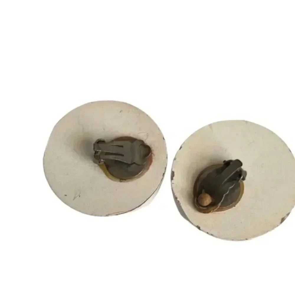 Vintage Off-White Enamel Round Hand-Painted Earrings - Picture 2 of 2